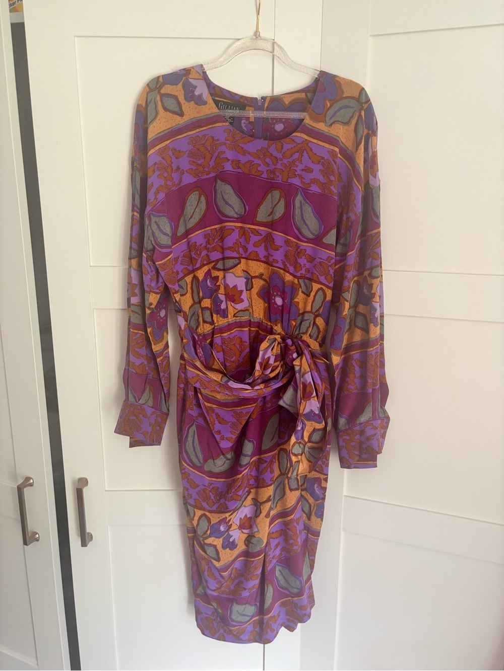 Gillian 100% Silk Vintage Purple Floral Tie-Waist Long Sleeve Dress Size 10